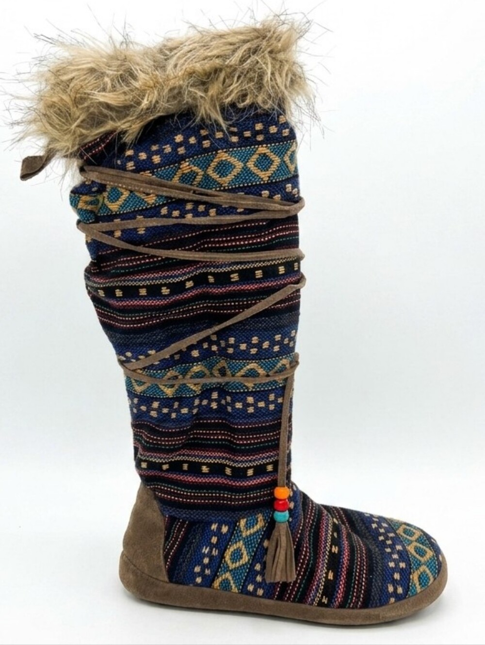 Muk Luks Boho Knit Faux-Fur Trim Women's Tall  SIppers Women's Size Medium